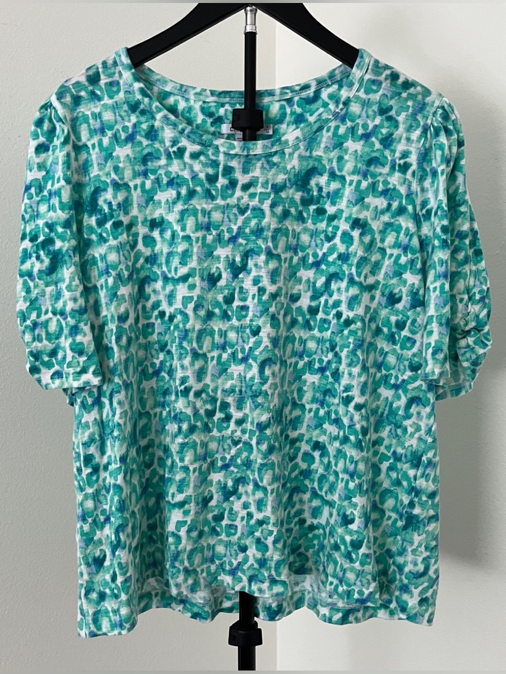 🩵 Chico's Aqua + Teal Watercolor Print Ruched-Sleeve Tee | XXL